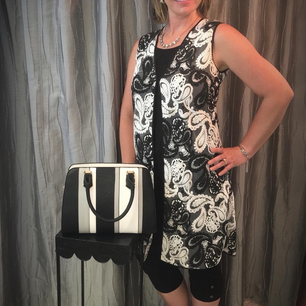 Berek black and white lace paisley vest.